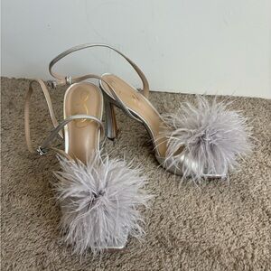 Silver/gray feather heels